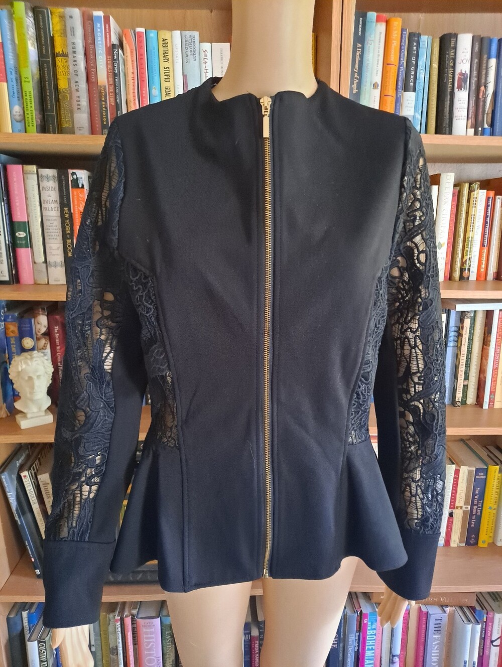 XOXO Elegant Black Lace-Sleeve Zip-Front Jacket